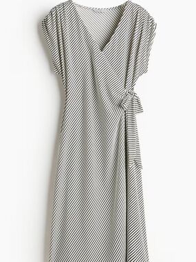 NWT H&M Midi White and Black Striped Jersey Dress with Draped Side Tie Size L